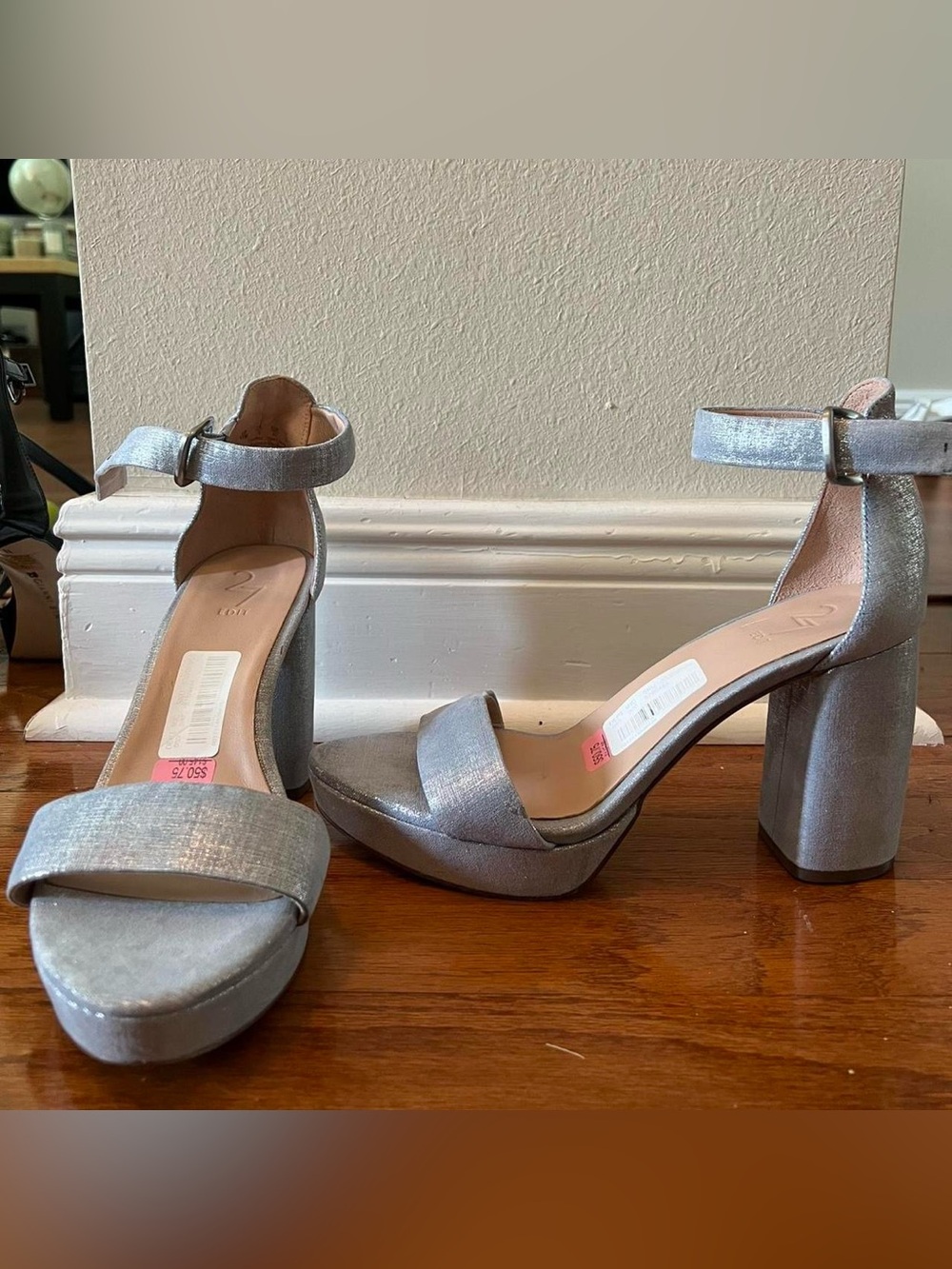 27 EDIT Metallic Silver Platform Block Heel Sandals with Ankle Strap